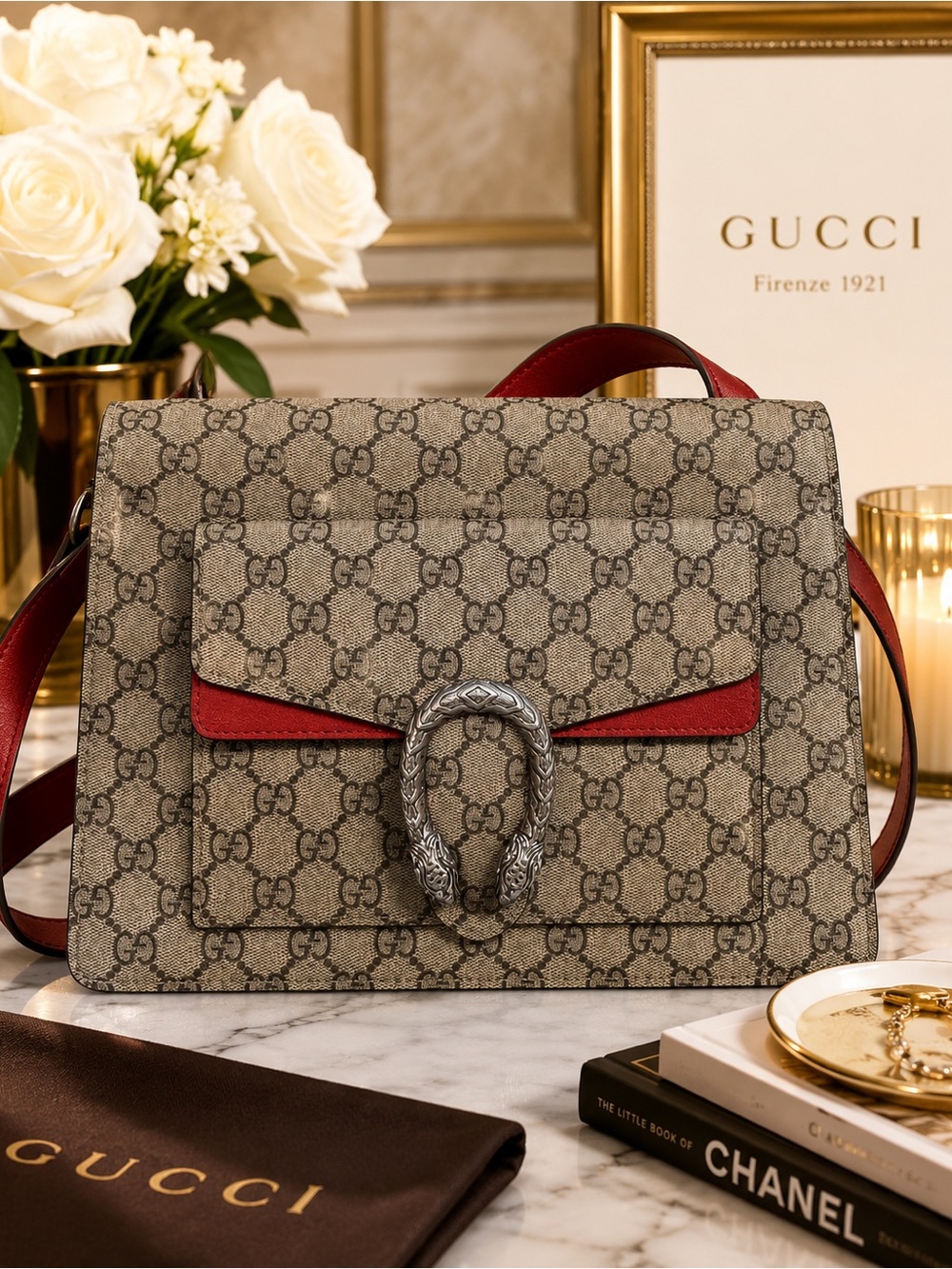 Gucci Beige Dionysus Supreme Shoulder Bag with Red Trim Leather/Suede